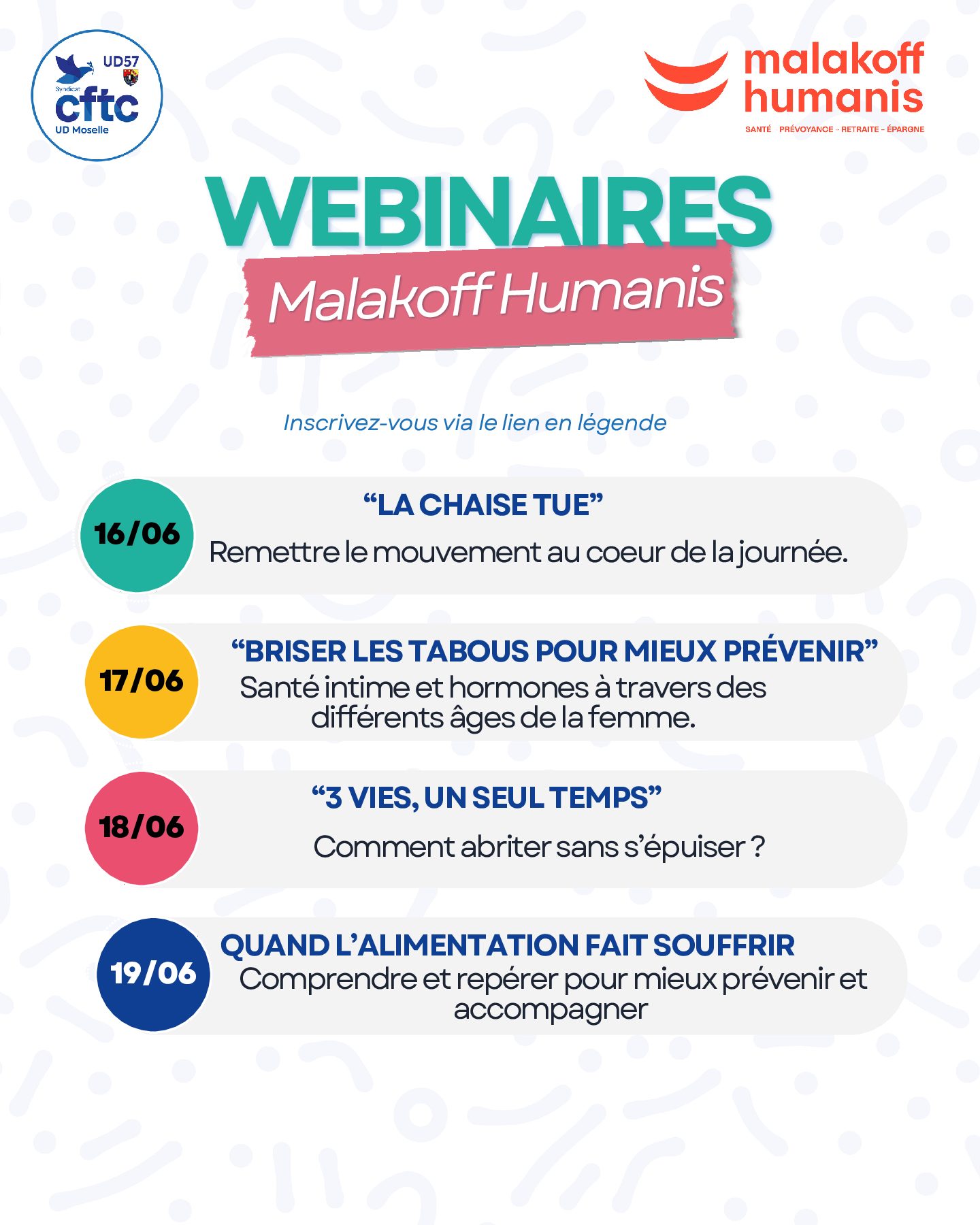 <span class="entry-title-primary">Semaine QVCT 2026 : 4 webinaires gratuits Malakoff Humanis – UD CFTC Moselle</span> <span class="entry-subtitle">Du 16 au 19 juin, 4 webinaires gratuits sur la santé au travail, proposés par notre partenaire Malakoff Humanis dans le cadre de la Semaine de la QVCT.</span>